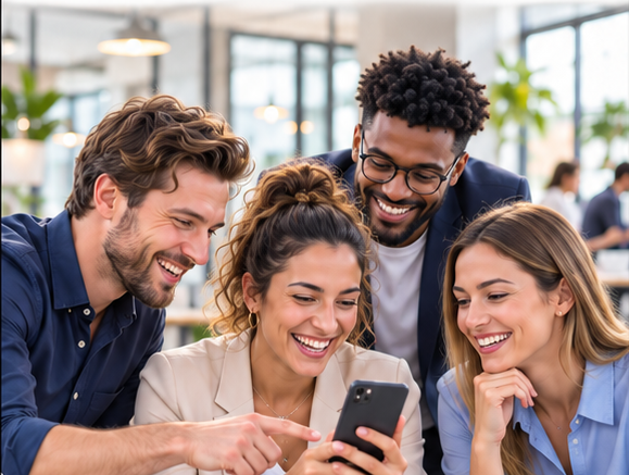 Des collaborateurs réunis autour d'un smartphone dans un environnement professionnel